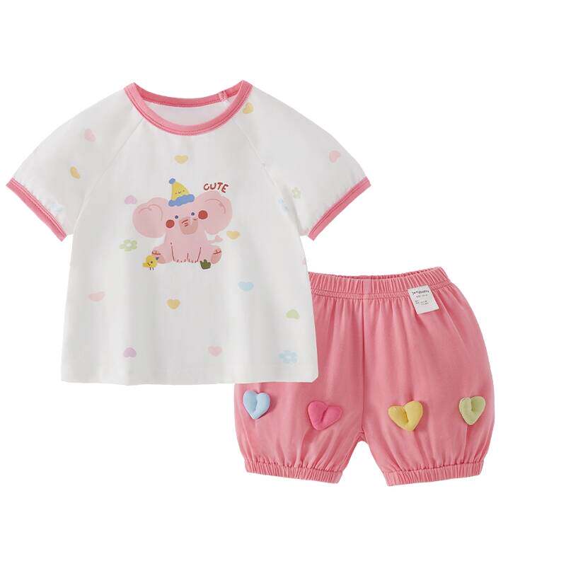 [7A抗菌]女童夏日套装2宝宝爱心小象T恤短裤甜美儿童休闲小童衣服
