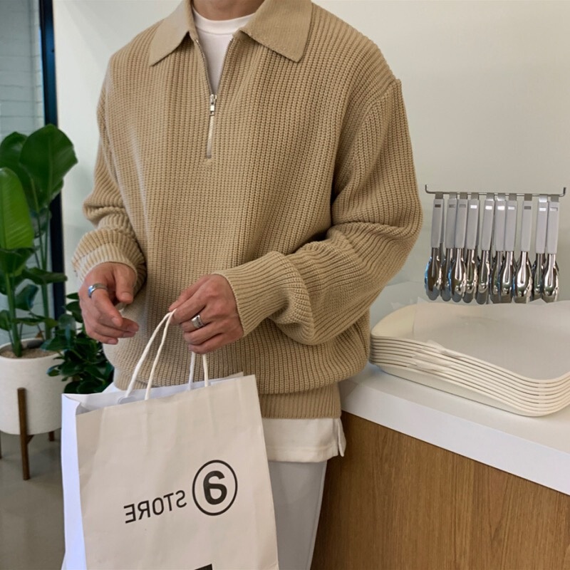 Half-Zip Sweater for Men, Autumn and Winter Style, Japanese Retro, High-End, Lazy Style, Lapel Knitwear, Loose Casual Sweater