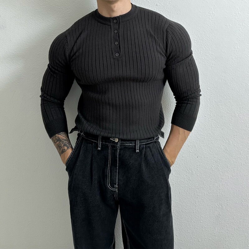 Henry Collar Long-Sleeved Knitwear for Men, Spring New Style, American High-End Muscular Men's Fitness Versatile Slim-Fit T-Shirt