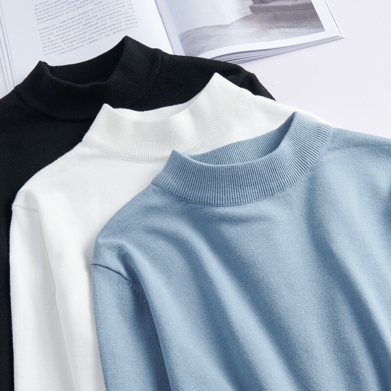 Half-Turtleneck Sweater for Men, Spring and Autumn Style, Fleece-Lined and Thickened, Mid-Neck Base Layer Knitwear, Solid Color Autumn and Winter Top