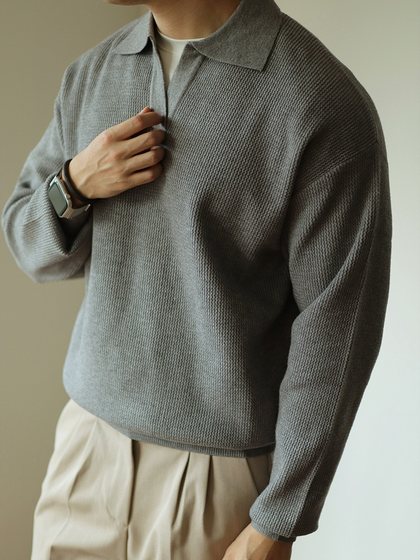 复古V领针织衫套头毛衣翻领重磅保暖男士POLO长袖外套美式秋冬季