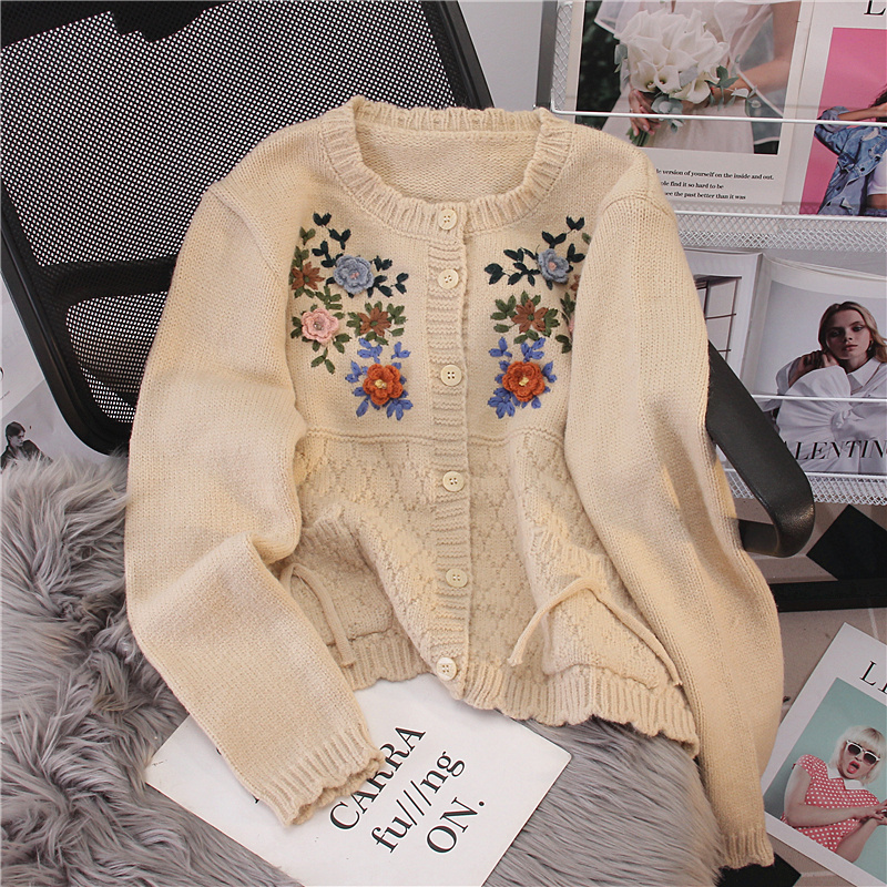 Forest Heavy Industry Handmade Crochet Knitted Embroider Small Flower Milk Fufu Sweater Cardigan Long-Sleeved Flap Pocket Pants Outwear Top Thick