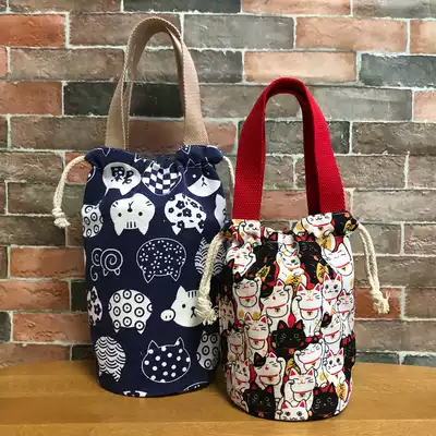 Japanese drawstring round insulated bucket bento with tote bag student lunch bag stew pot pot bag Hand bag bag