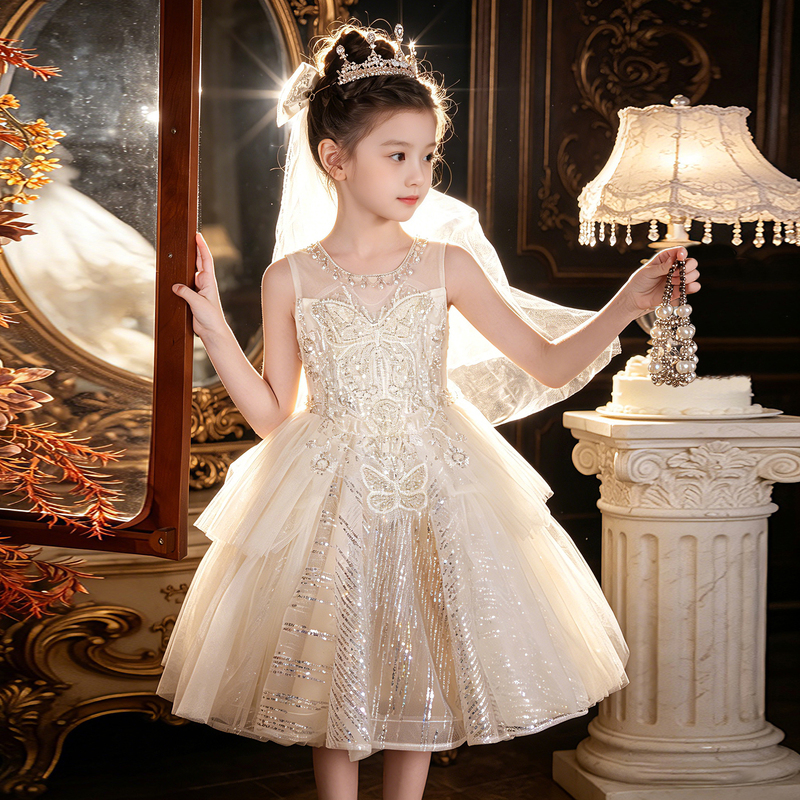 Girls' Dress, Light Luxury, Niche, High-End Wedding Flower Girl Dress, New Style, Little Host Princess Dress, Summer Piano Performance Dress