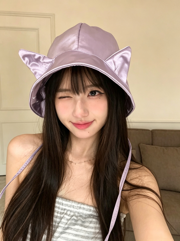 Double-Sided Satin Cute Cat Ear Bucket Hat for Women, Spring and Summer Casual Versatile Face-Slimming Tie-Up Sun Hat Double-Sided Satin Cute Cat Ear Bucket Hat for Women, Spring and Summer Casual Versatile Face-Slimming Tie-Up Sun Hat