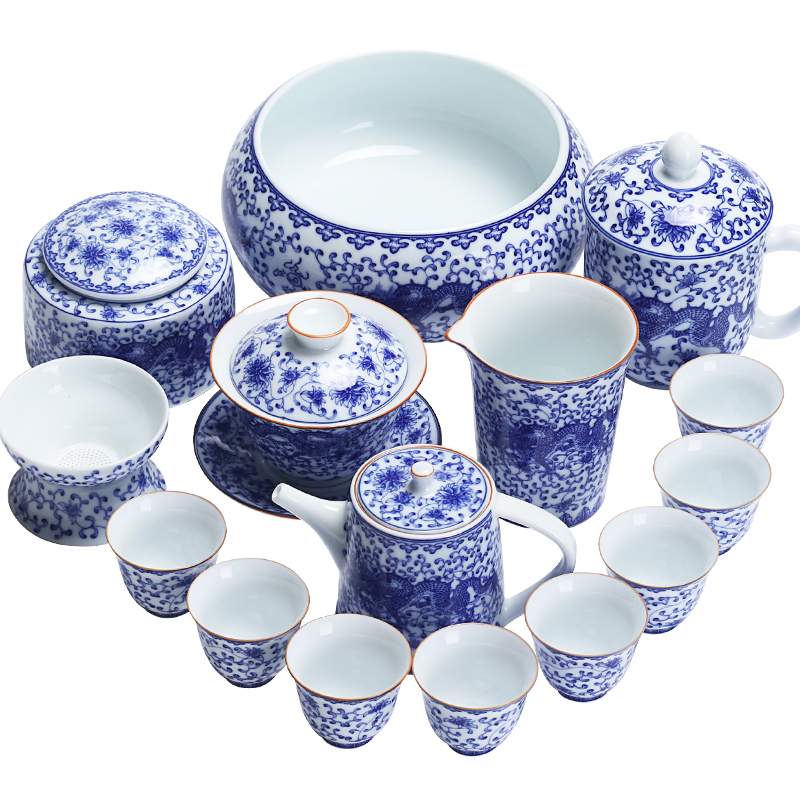 Devoted to inflammation of a complete set of household contracted kung fu tea set of blue and white porcelain ceramic antique cup lid bowl set office