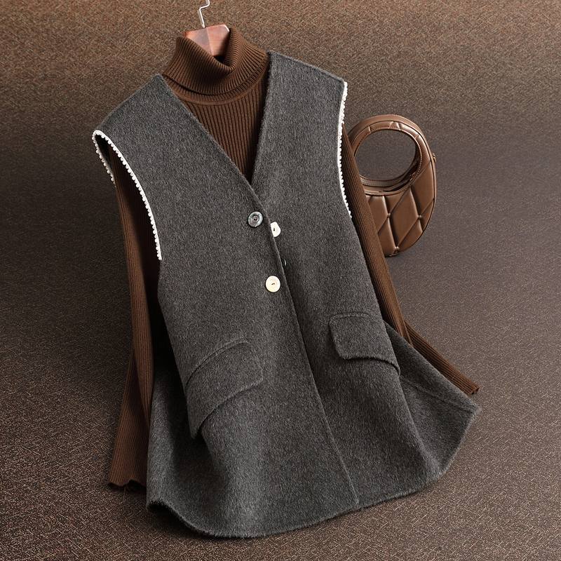 Double-Sided Wool Coat Women's Mid-Length Vest 2025 Autumn and Winter New Style Sleeveless Camel Wool Thick Woolen Coat