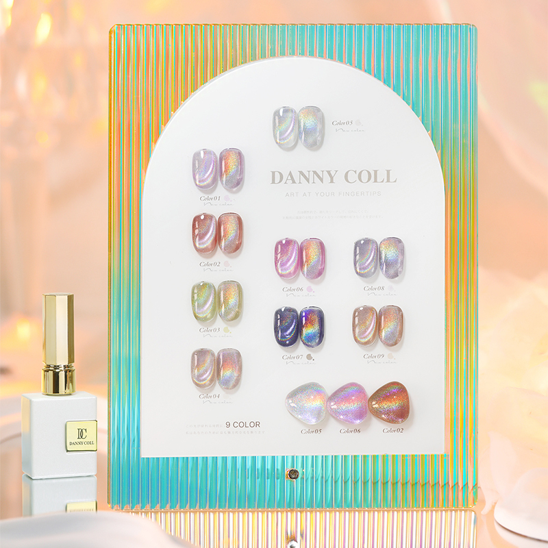 Dannycoll Rainbow Cat Eye Glass Bead 9-Color Nail Polish Gel Set Iridescent Dual-Light Cat Eye Gel