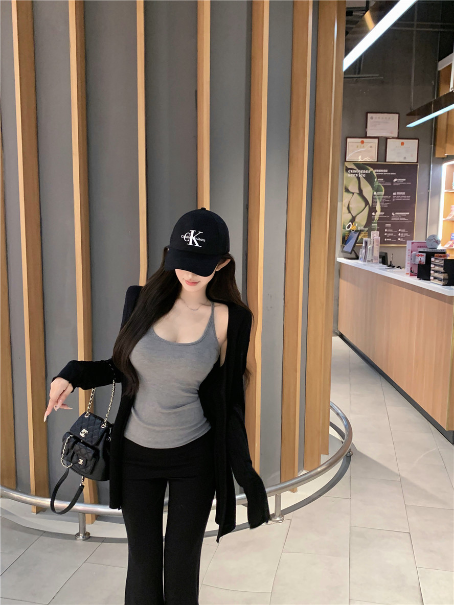 Casual Sports Suit for Women 2026 New Style Black Long-Sleeved Cardigan Camisole Spring Micro-Flared Pants Three-Piece Set