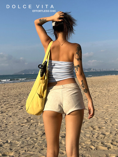 DOLCEVITA Beach Sports Hot Girl Folding Low Waist Casual Shorts Showing Buttocks and Slimming Sexy High Elastic Hot Pants for Women