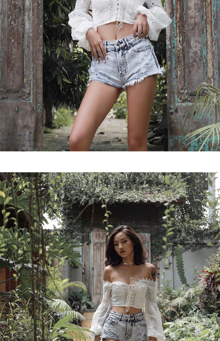 Kỳ nghỉ gió biển denim quần nóng lỗ cao eo thon eo thon làm già tự canh quần short nữ 	quần đi biển vàng	