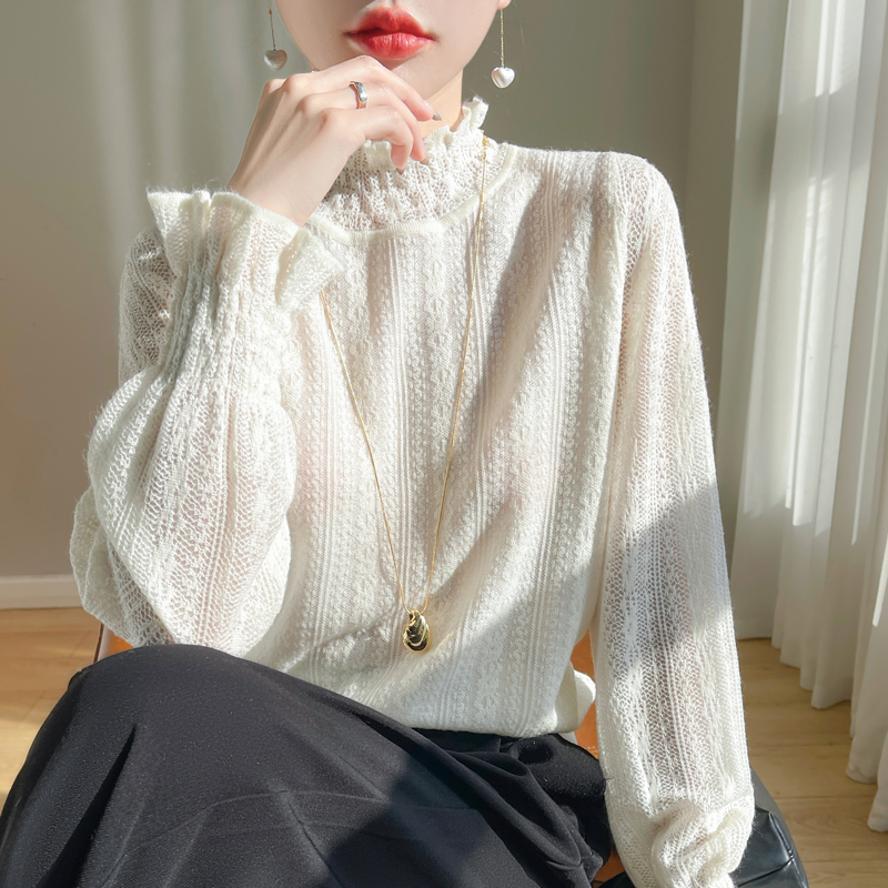Chanel-Style Thin White Lace Blouse with Half-High Collar, Inner Layer Sweater, Hollow-Out Design, Gentle Ruffled Edges Top