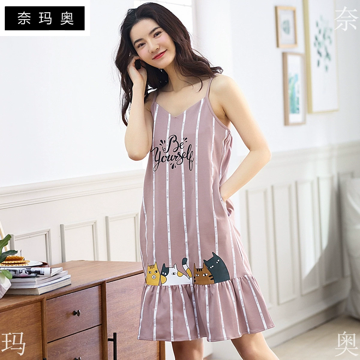 Naimao 2018 pyjama phụ nữ mùa hè phần bông mỏng có thể được mặc bên ngoài áo choàng ngủ dễ thương hoạt hình lỏng lẻo dịch vụ tại nhà - Đêm đầm