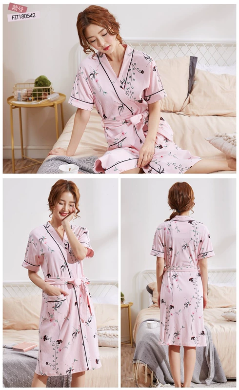 Naimao áo ngủ nữ mùa hè cotton ngắn tay yukata nữ mùa hè Phiên bản Hàn Quốc của bộ đồ ngủ một mảnh gợi cảm áo choàng tắm nữ - Night Robe