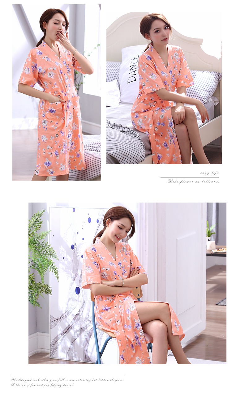 Naimao áo ngủ dài nữ mùa hè áo choàng cotton ngắn tay trung niên mẹ trung niên yukata bông ngủ - Night Robe đồ ngủ lụa