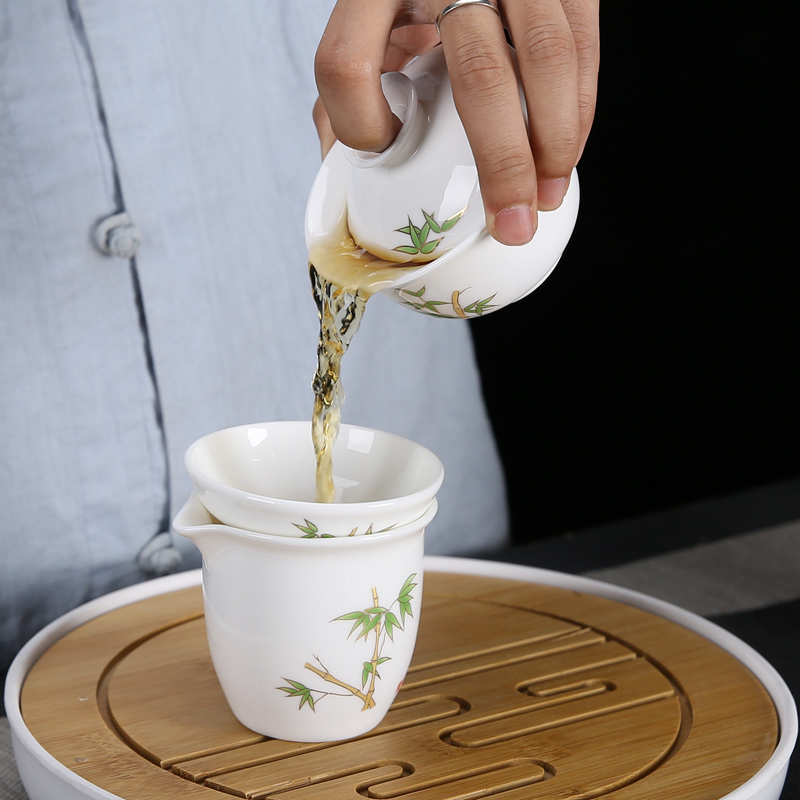 Dehua white porcelain suet jade kung fu tea set suit Japanese household contracted and I of a complete set of small tureen tea cup