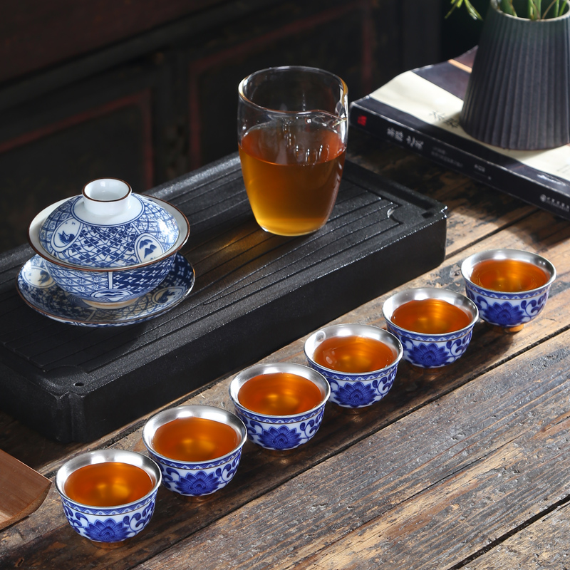 Single cup silver cup 999 sterling silver master kung fu tea cups coppering. As silver sample tea cup individual cup of blue and white porcelain enamel