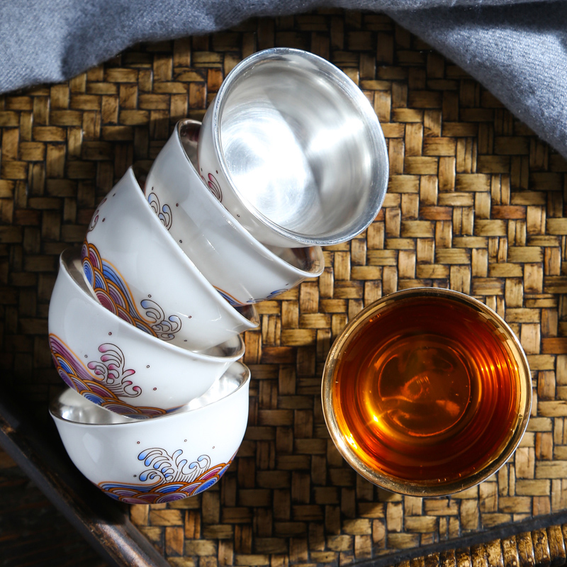 Single cup silver cup silver 999 silver cup master kung fu tea tea cups of jingdezhen ceramics, the silver cup