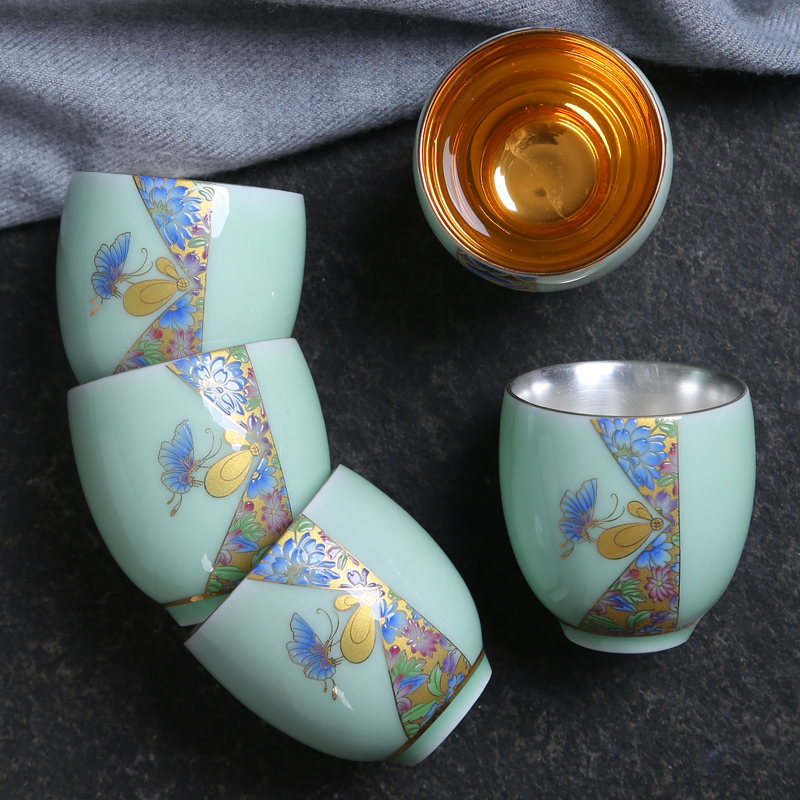 Longquan celadon small kung fu tea cup, bowl of household single master sample tea cup purple sand cup blue and white porcelain tea