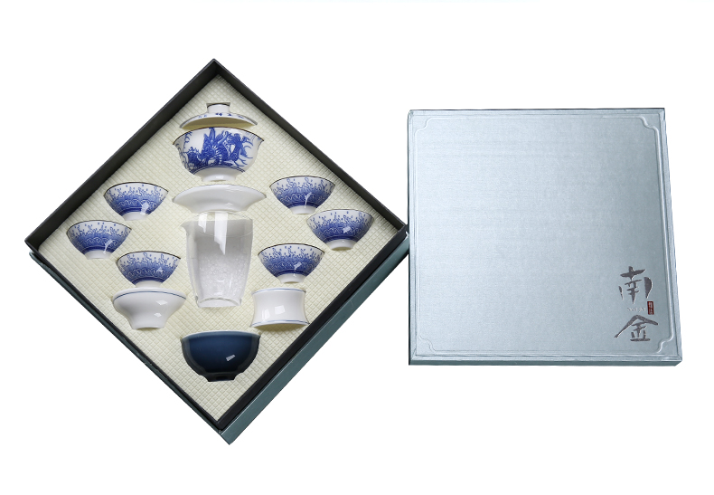 Pad printing full color blue and white porcelain kung fu tea set home office gifts tea tureen gift cups little suit