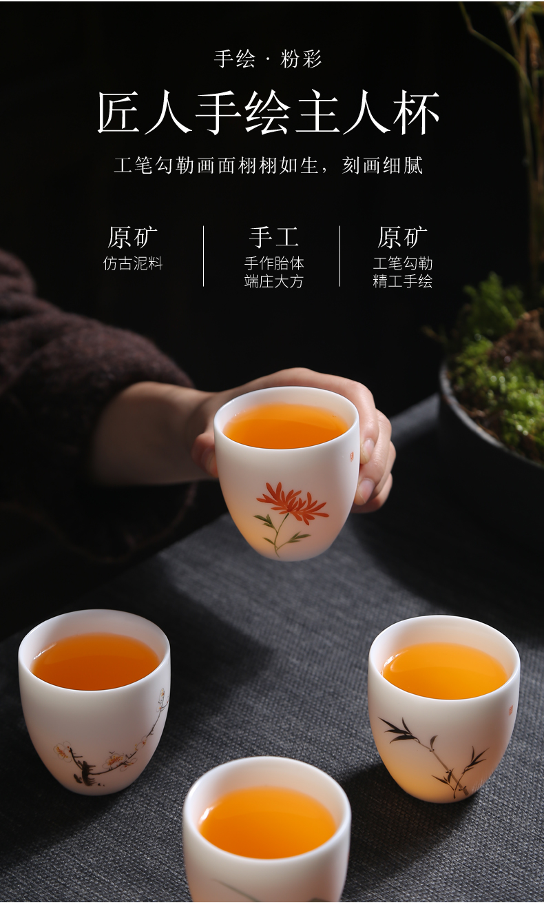 Hand - made master kung fu tea cup suet jade white porcelain single cup tea cups sample tea cup ceramic bowl tea set