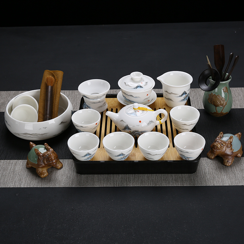 Fujian macros suet jade porcelain kung fu tea set suit household dehua white porcelain tea set teapot teacup of a complete set of gift box