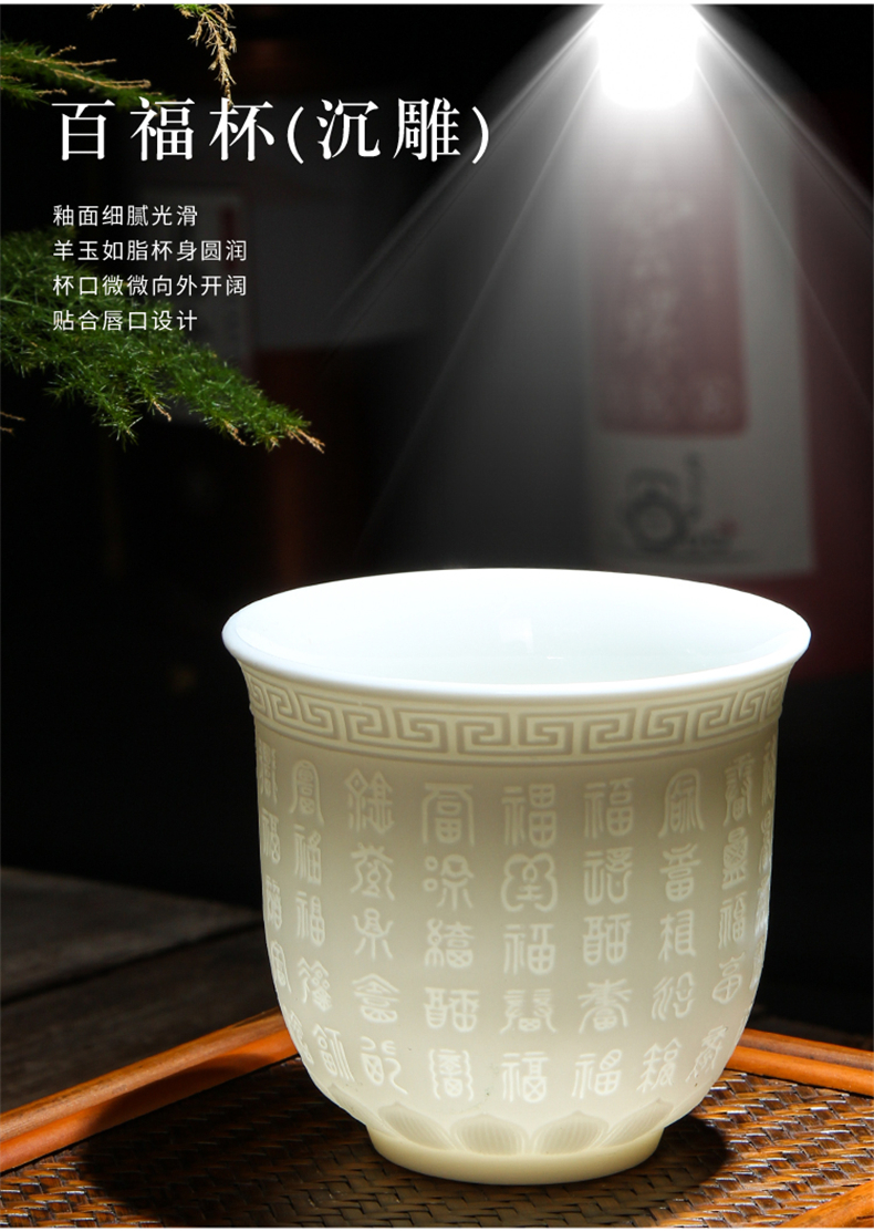 Macro fujian dehua white porcelain suet jade porcelain engraving custom heart sutra kung fu master single cup large tea cups of tea cups