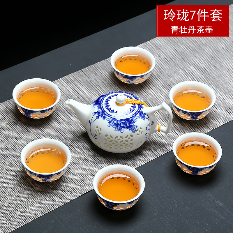 Fujian blue and white and exquisite kung fu tea set ceramic honeycomb hollow out macro tea sea teapot teacup of a complete set of accessories