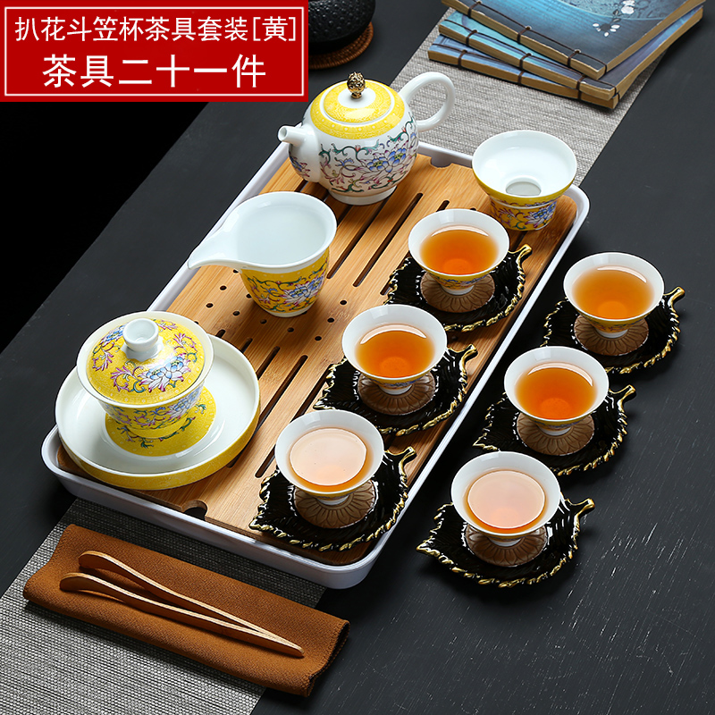 Manual pick flowers of blue and white porcelain ceramic kung fu tea sets suit household teapot GaiWanCha sea of a complete set of tea cups