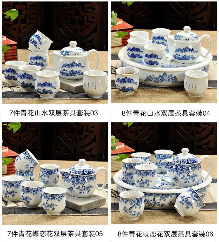 Fujian macros tea set ceramic prevent hot double CPU kung fu tea cup Chinese blue and white porcelain teapot household contracted