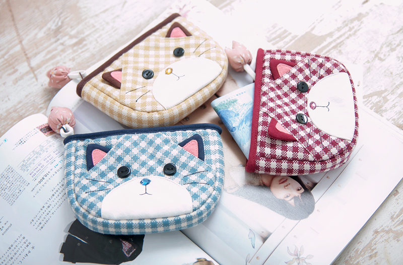 Nhật Bản minh họa Vải cotton tinh khiết nữ dễ thương Nhật Bản chắp vá kẻ sọc mèo gói tiền xu ví túi chìa khóa - Trường hợp chính ví móc khóa