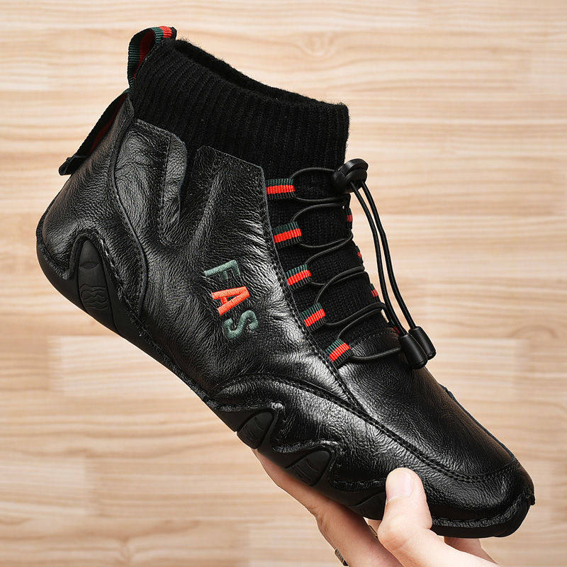 2022 new spring and autumn men's leather high-top shoes Hong Kong style sports trend British casual shoes