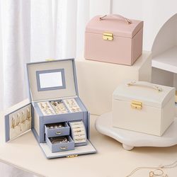 새로운 가죽 보석 저장 상자 3 층 서랍 보석 보석 상자 다기능 목걸이 저장 상자 크로스 국경