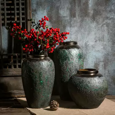 Jingdezhen ceramic coarse pottery dry flower arrangement Retro old earth pottery pot flower pot floor-to-ceiling large vase living room decoration