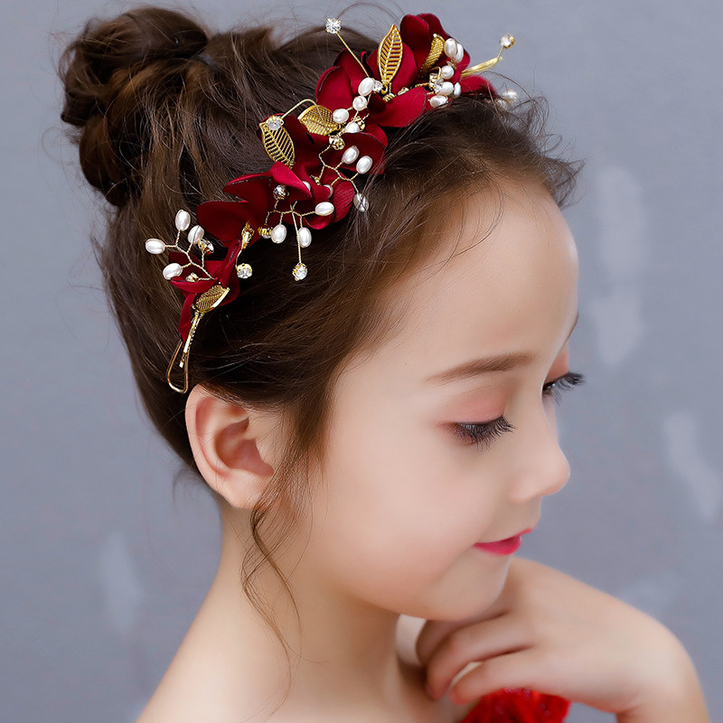Red children and girls crown flower headdress child princess headband Chinese style performance Hanfu baby hair accessories female ancient style