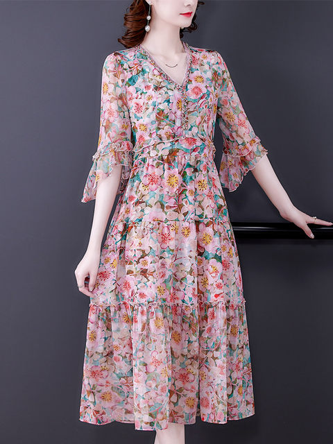 Floral mulberry silk dress summer new style Hangzhou high-end big-name silk temperament lady goddess Fan Yang is beautiful