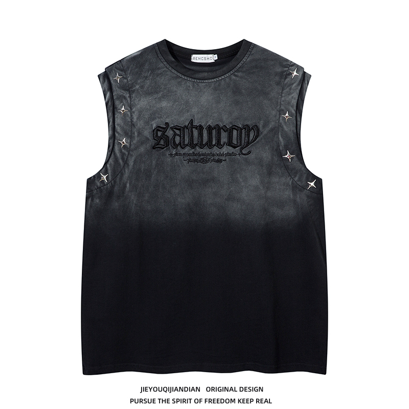 American Retro Rivet Gradient Letter Embroidery Vest for Men and Women, Hip-Hop Loose Pure Cotton Casual Sleeveless Vest