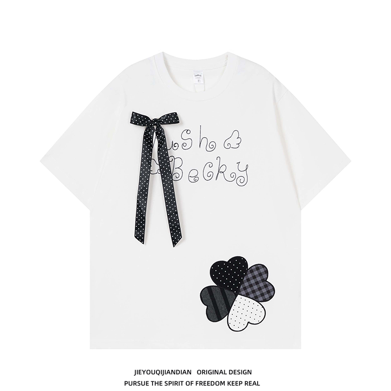 Korean Retro Letter Floral Embroidery Bow Short-Sleeve T-Shirt for Women, Summer Loose Niche Casual Versatile Top