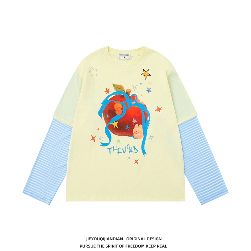 Dopamine Color-Blocking Unique Childlike Cartoon Fake Two-Piece Long-Sleeve T-Shirt for Women, Summer Thin Style, Super Cute Cover-Up Top