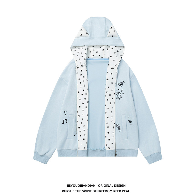 Korean-Style Retro Cute Cat Embroidered Design Hooded Loose Zipper Sweatshirt Sweet Style Jacket