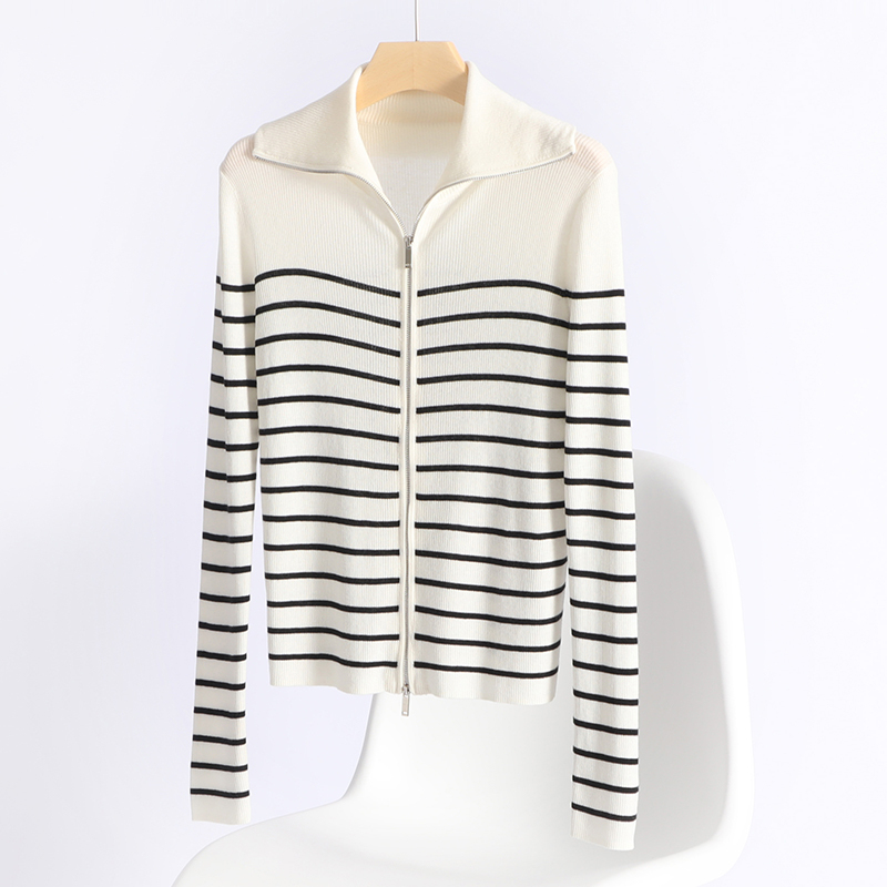 Design-Inspired Merino Superfine Wool Double-Zipper Knit Cardigan for Women with a Turn-Down Collar, Striped Slim-Fit Sweater, Base Layer