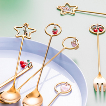 Mixing spoon home cute female coffee spoon long handle ice cream dessert Net red cup with small spoon ins Wind fork