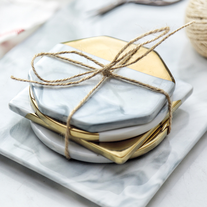 Nordic ins, marble, ceramic cup pad insulation pad gilded edge coasters kung fu tea cup props shooting