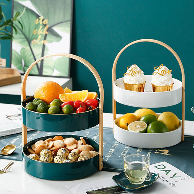 Double fruit bowl boreal Europe style living room household ceramics creative handle afternoon tea utensils dessert display shelf