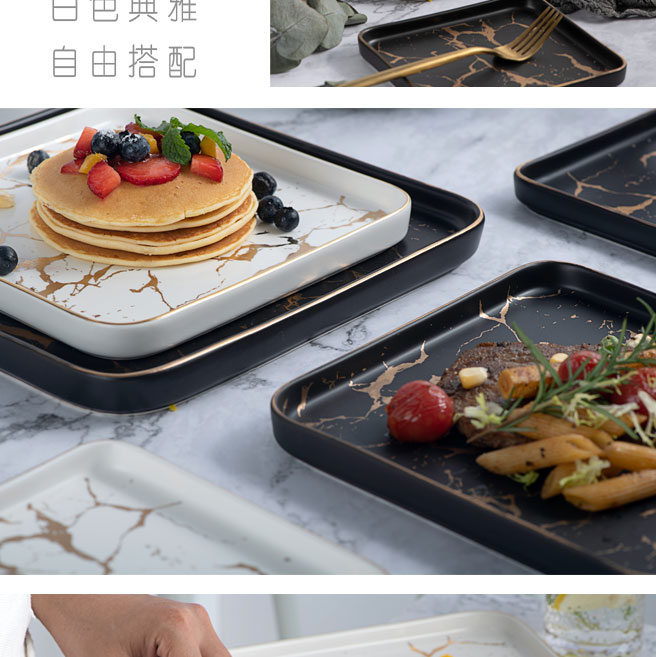 Creative ceramic plate household food dish flat rectangular plate of black beefsteak up phnom penh dish tableware portfolio