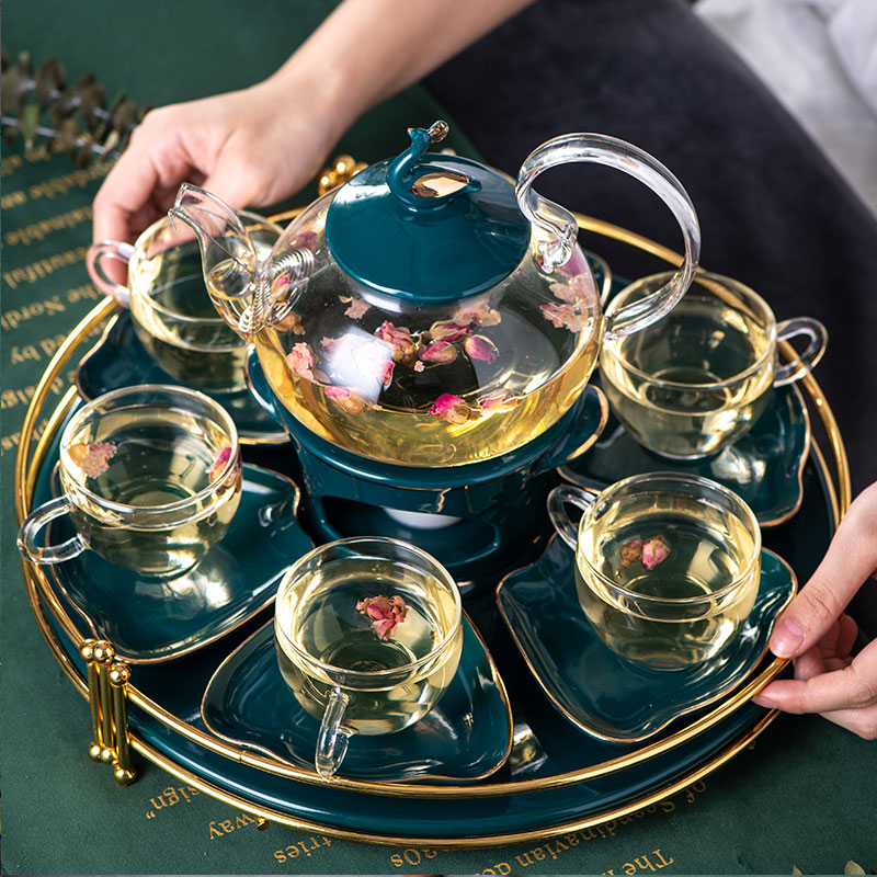 English light luxury glass flower teapot afternoon tea tea set boiled fruit teapot set flower teacup home candle heating