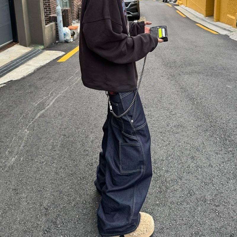 American Retro Heavy-Duty Structured Straight-Leg Raw Denim Classic Casual Pants Dark Blue Raw Denim Jeans