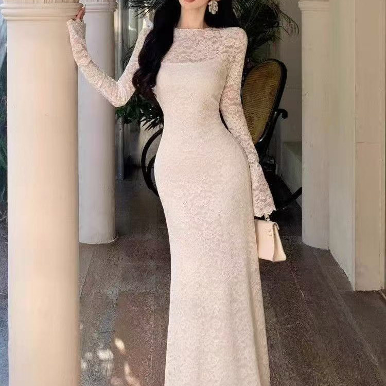 White Lace Long-Sleeved Dress for Women, Spring and Summer, High-End Style, Slim Fit, Hip-Hugging Fishtail Long Dress, Mini Dress White Lace Long-Sleeved Dress for Women, Spring and Summer, High-End Style, Slim Fit, Hip-Hugging Fishtail Long Dress, Mini Dress