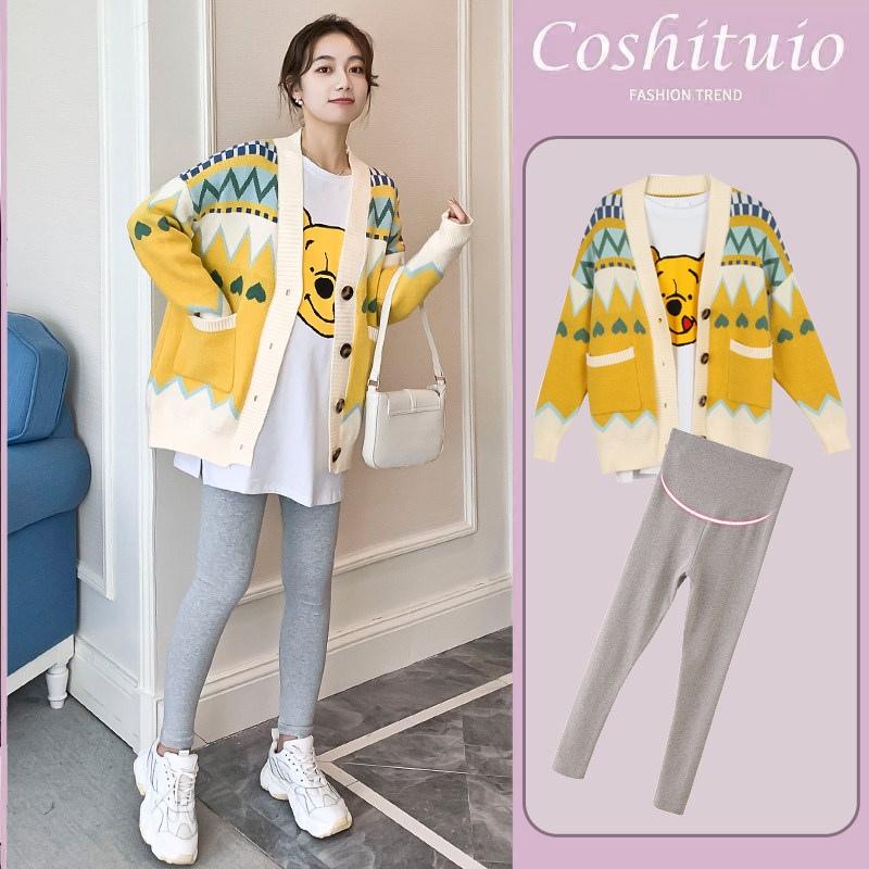 Pregnant woman jacket Spring and autumn outside wearing pregnant woman sweater and autumn clothing suit Fashion style Two sets of medium long version cardiovert autumn