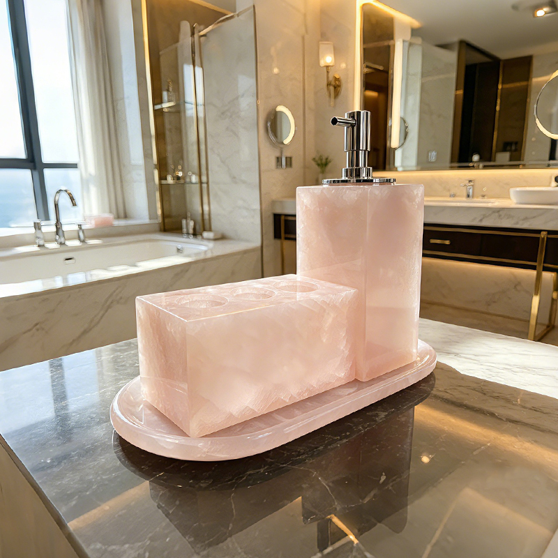 Natural Pink Jade Marble Tray Bathroom Set Toiletries Lotion Bottle Aromatherapy Soap Dispenser Candle Holder Aromatherapy Bottle